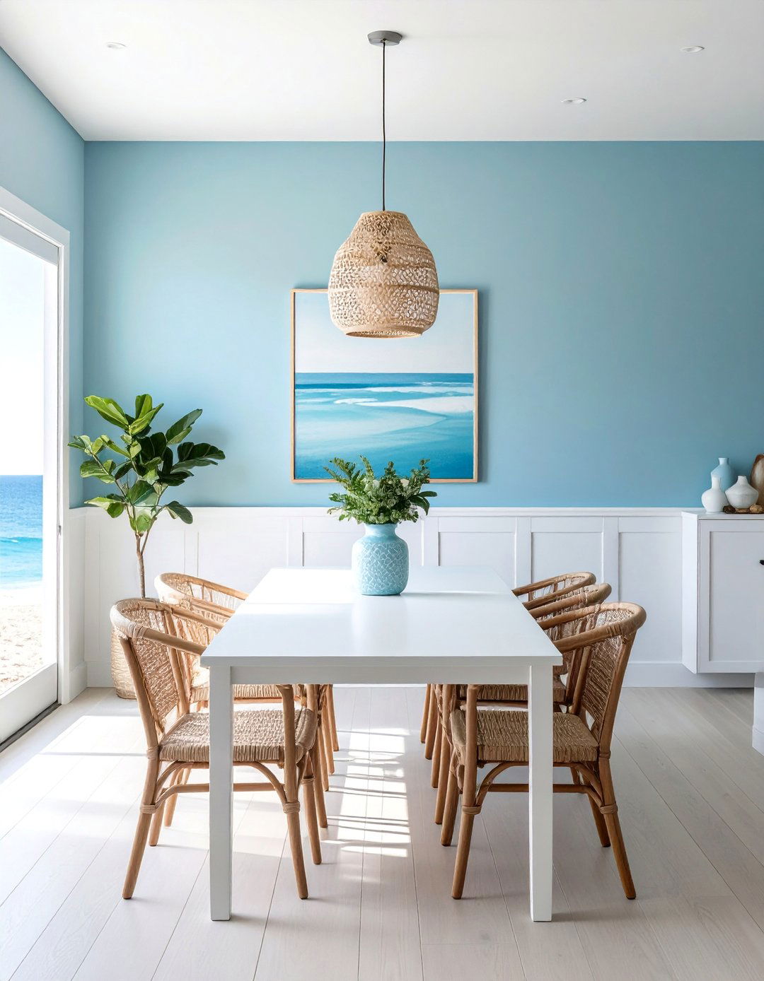 Coastal Dining Room with Light Blue Accent Wall - 20 Coastal Dining Room Ideas for a Beachy Vibe