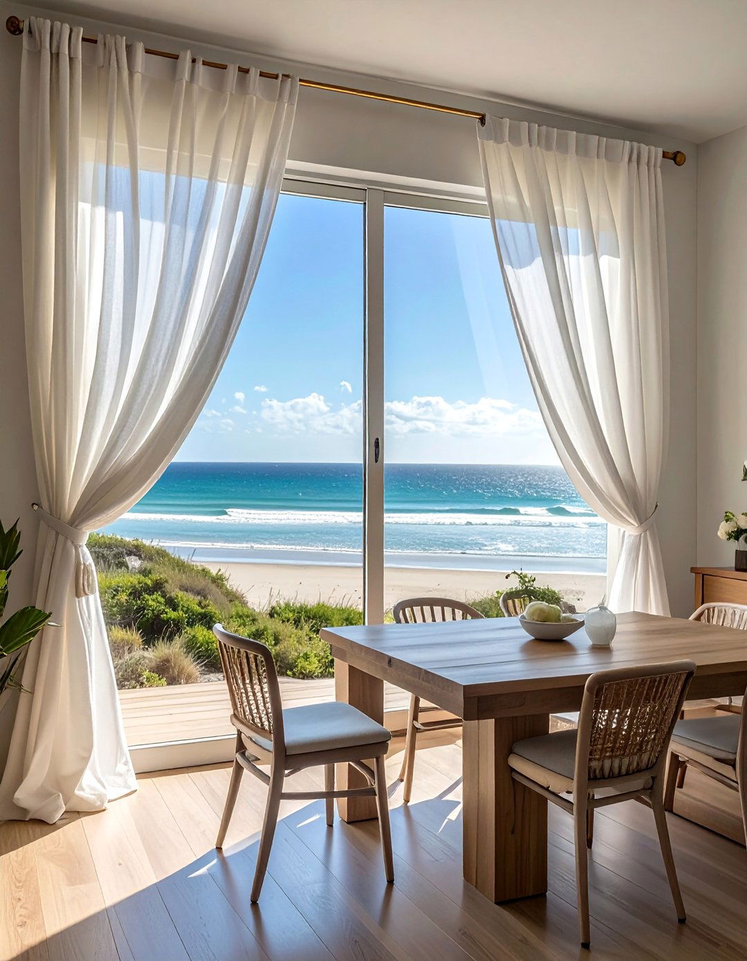 Coastal Dining Room with Sheer White Curtains - 20 Coastal Dining Room Ideas for a Beachy Vibe