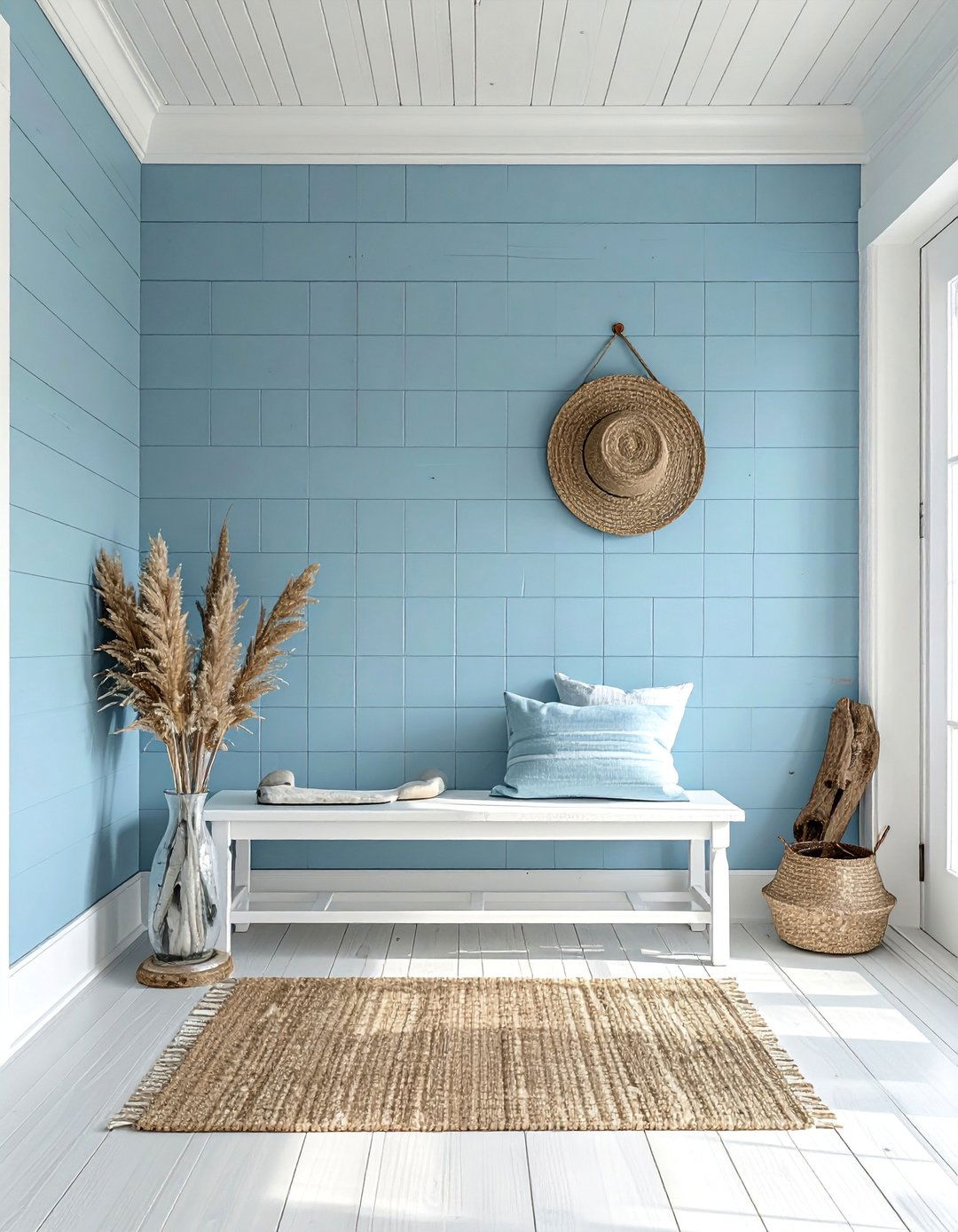 Coastal Inspired Light Blue Shiplap Wall Entryway - 25 Shiplap Wall Entryway Ideas to Welcome Guests