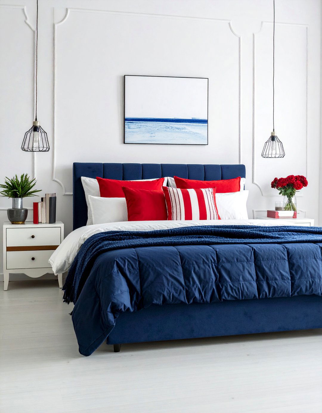 Coastal Red Bedroom with Navy Blue and White