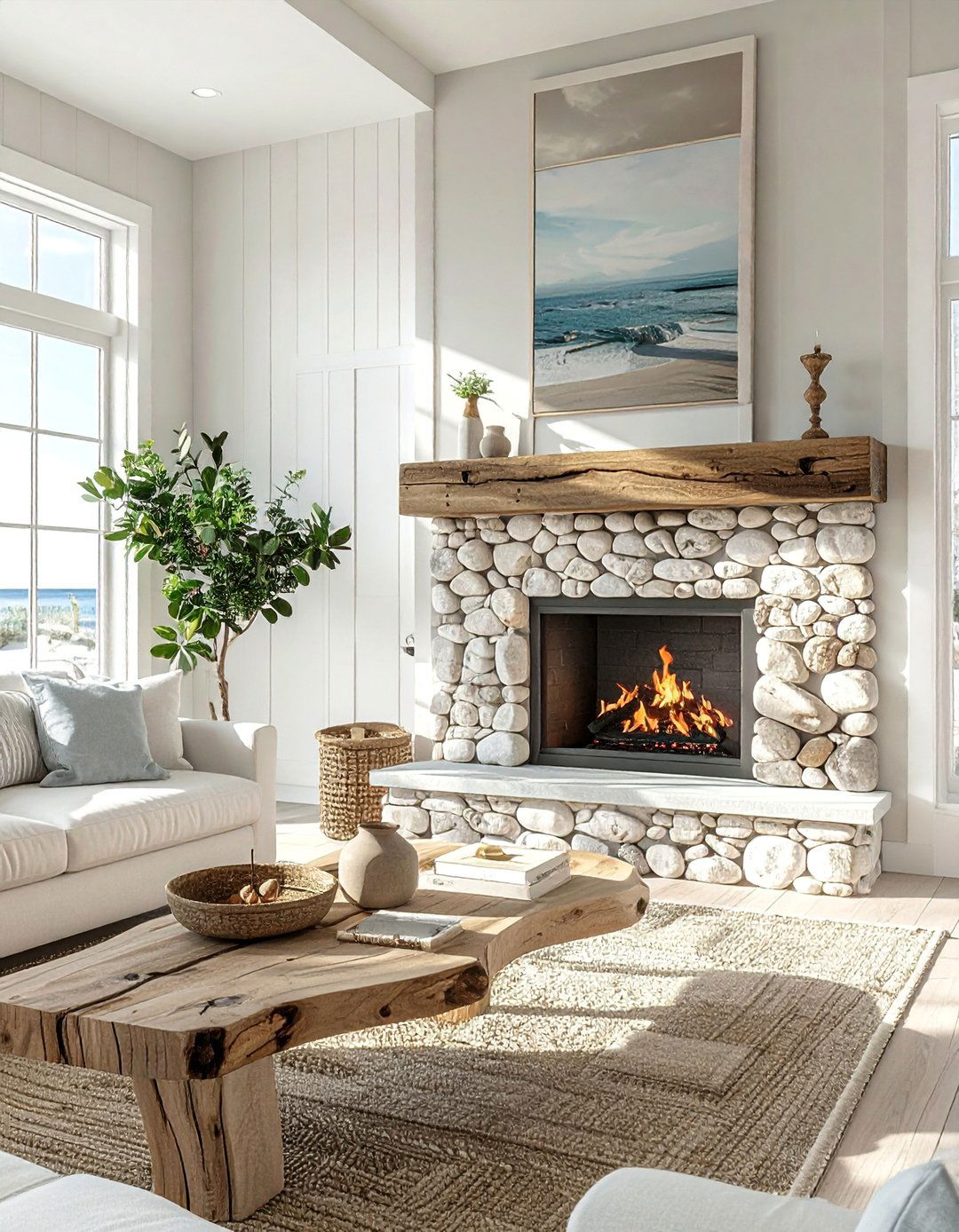 Coastal Style River Rock Fireplace - 30 Unique River Rock Fireplace Ideas for Cozy Homes