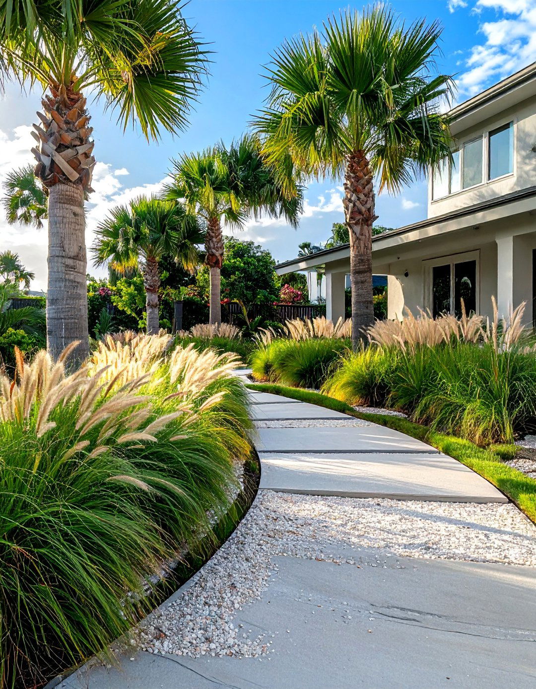 Coastal Vibe with Windmill Palms and Ornamental Grasses - 35 Front Yard Palm Tree Landscape Design Ideas