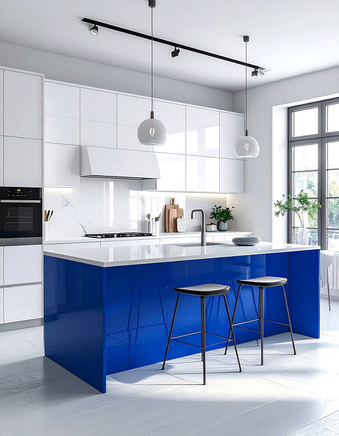 Cobalt Blue Island with High Gloss Finish - 30 White Kitchen Cabinets With Blue Island Design Ideas