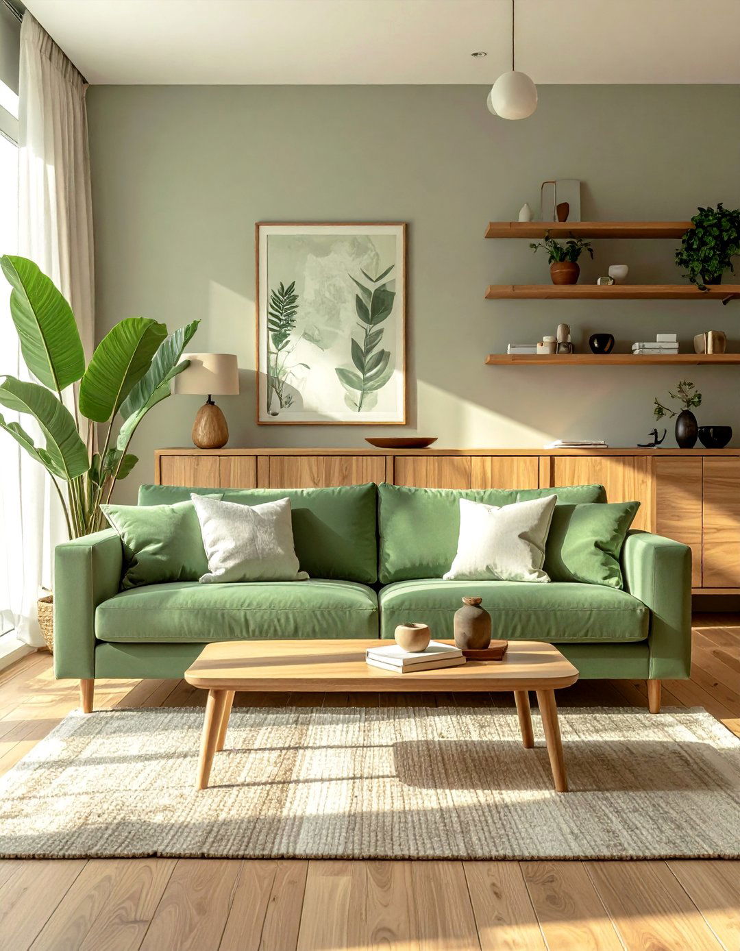 Complementing a Sage Green Couch with Natural Wood Accents - 20 Sage Green Couch Living Room Ideas for Serenity