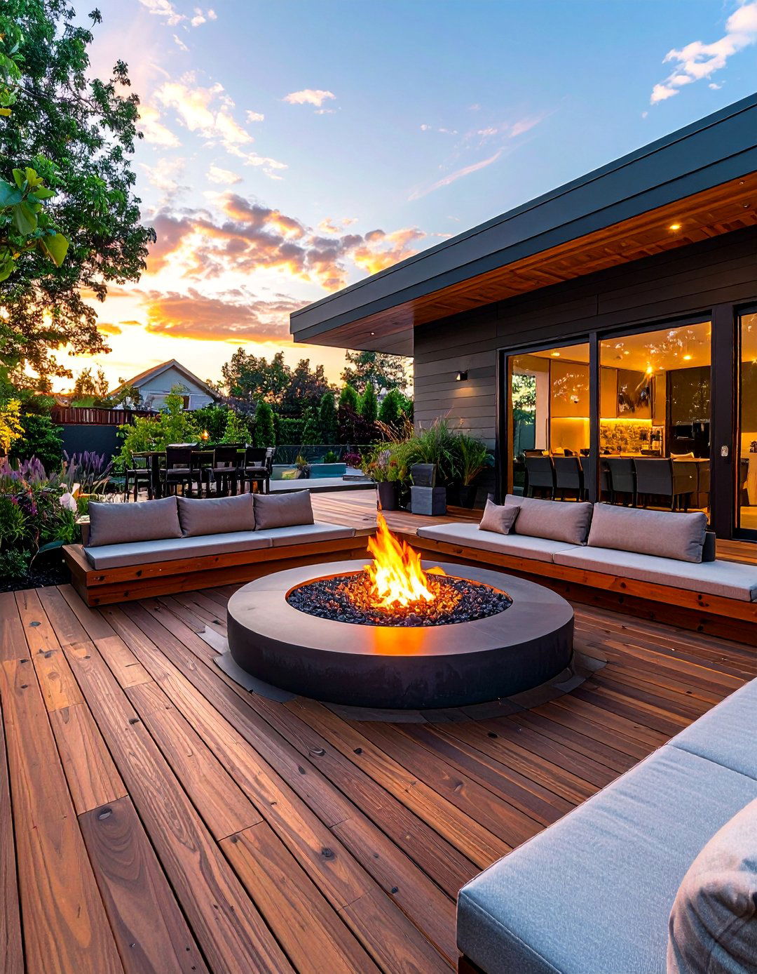 Composite Deck with Integrated Fire Pit - 20 Floating Deck Ideas for a Modern Outdoor Living Space