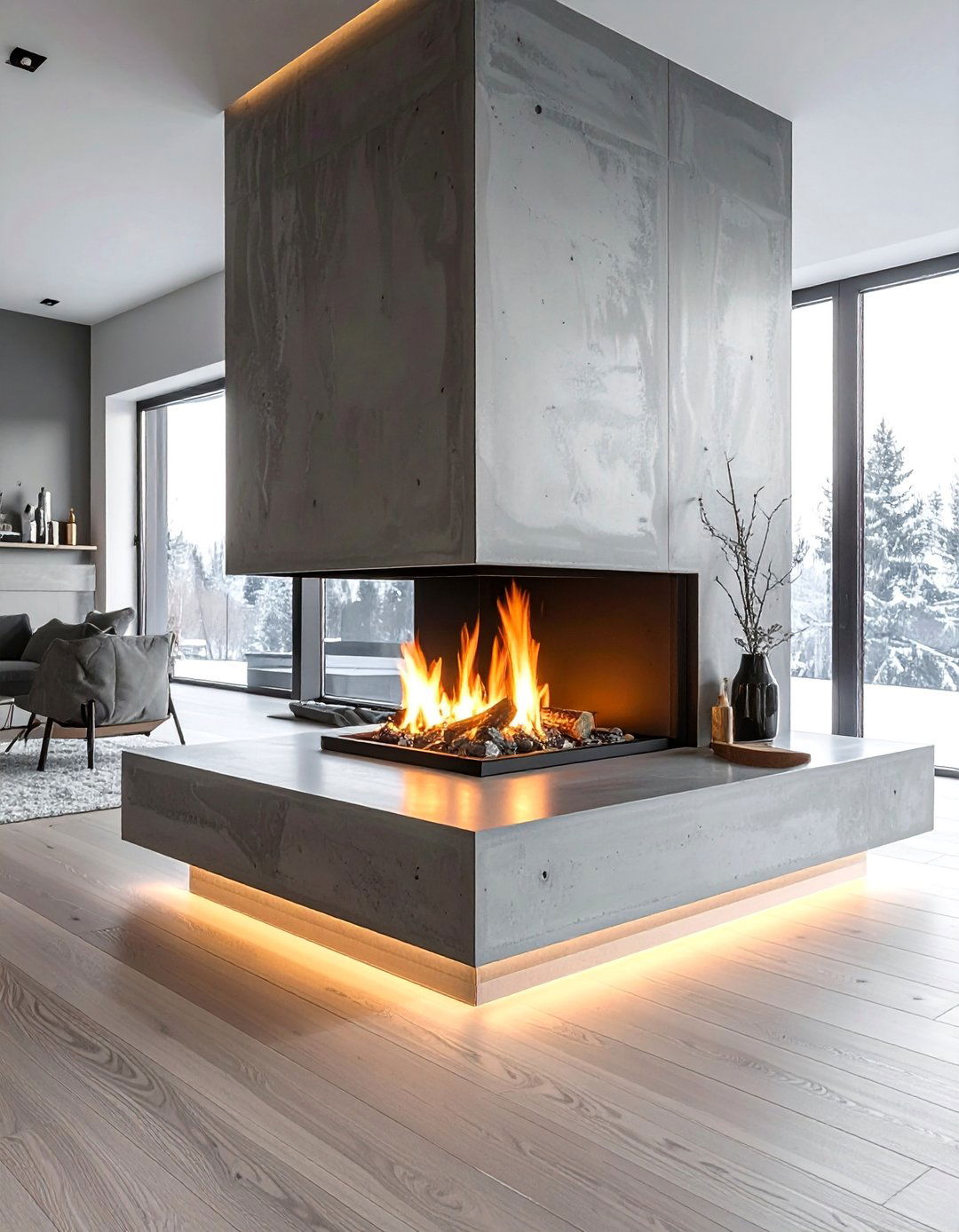 Concrete Fireplace Hearth Platforms - 20 Scandinavian Fireplace Ideas for Cozy Warmth