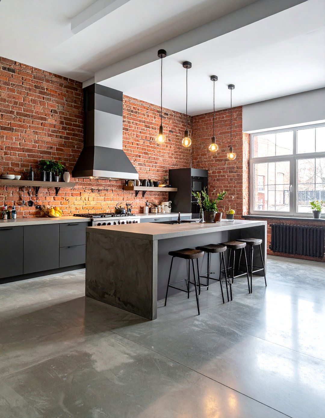 Concrete Floor Kitchen Paired with a Warm Brick Accent Wall - 25 Concrete Floor Kitchen Ideas for a Sleek Look