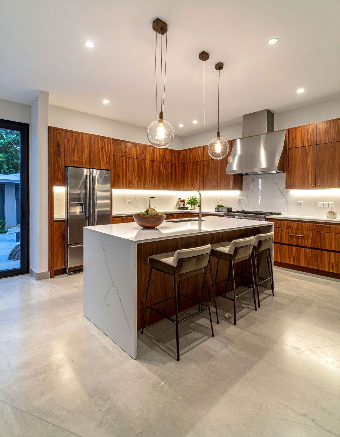 Concrete Floor Kitchen with Warm Wood Cabinets - 25 Concrete Floor Kitchen Ideas for a Sleek Look
