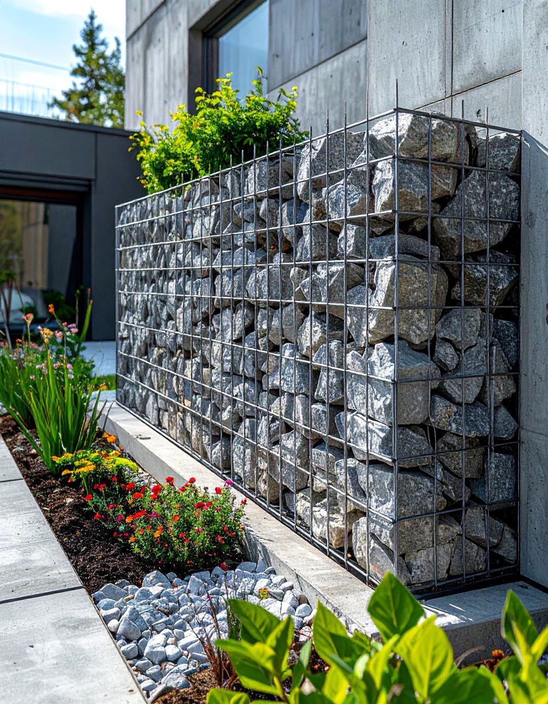 Concrete Gabion Wall - 25 Concrete Garden Ideas to Enhance Your Outdoor Aesthetic