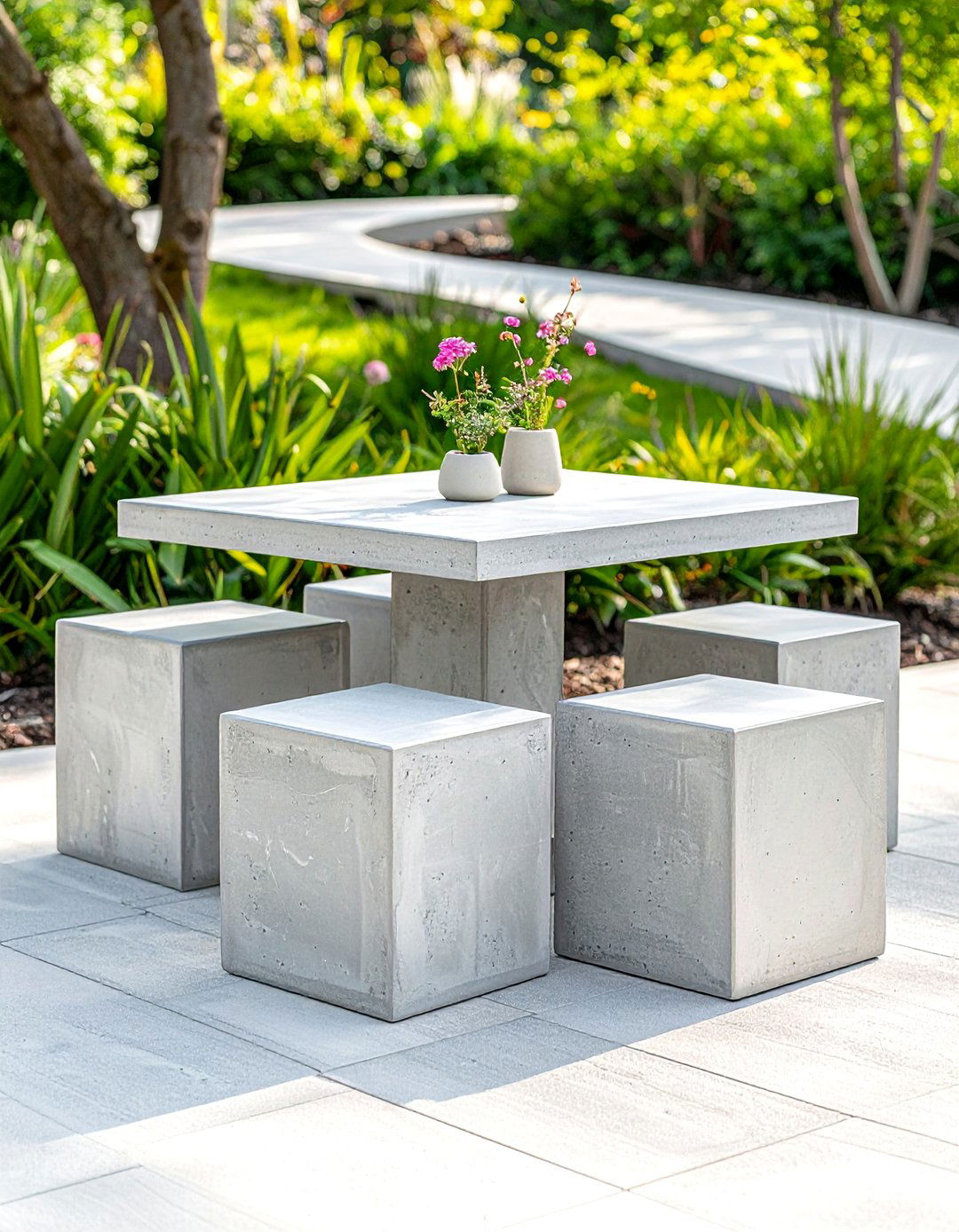 Concrete Garden Table and Stools - 25 Concrete Garden Ideas to Enhance Your Outdoor Aesthetic