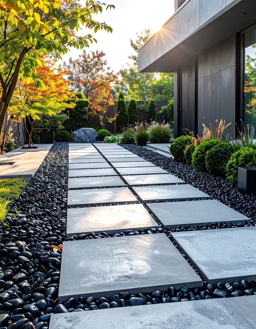 Concrete Pavers and Black River Rock Combination - 25 Concrete Landscaping Ideas for Modern Outdoor Spaces