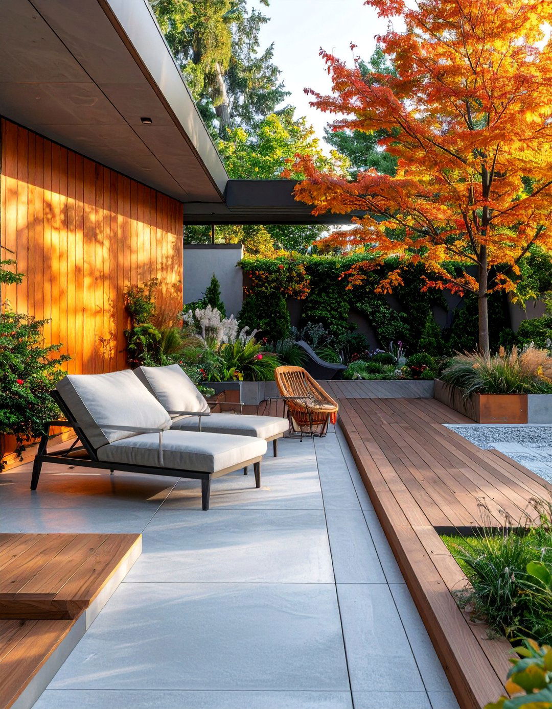 Concrete and Wood Garden Deck - 25 Concrete Garden Ideas to Enhance Your Outdoor Aesthetic