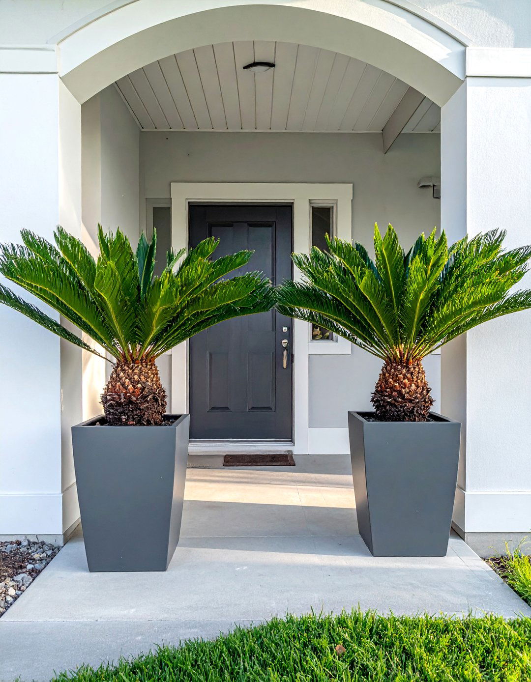 Containerized Sago Palms on the Porch - 35 Front Yard Palm Tree Landscape Design Ideas