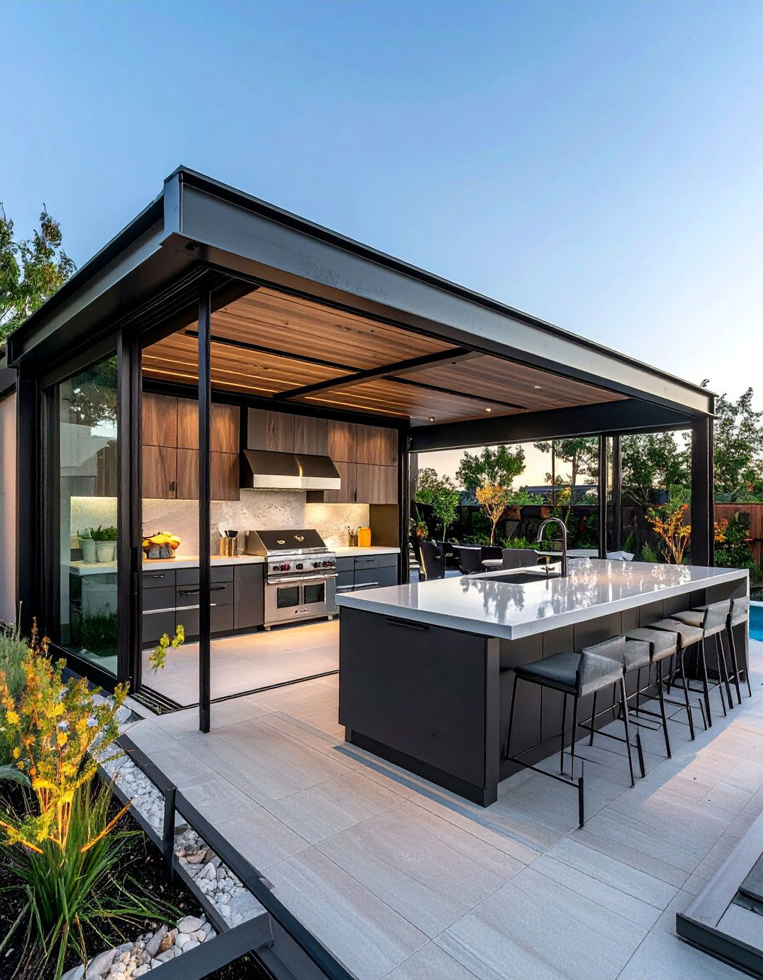 Contemporary Glass and Steel Pavilion - 20 Outdoor Kitchen with a Gazebo Ideas for Entertaining