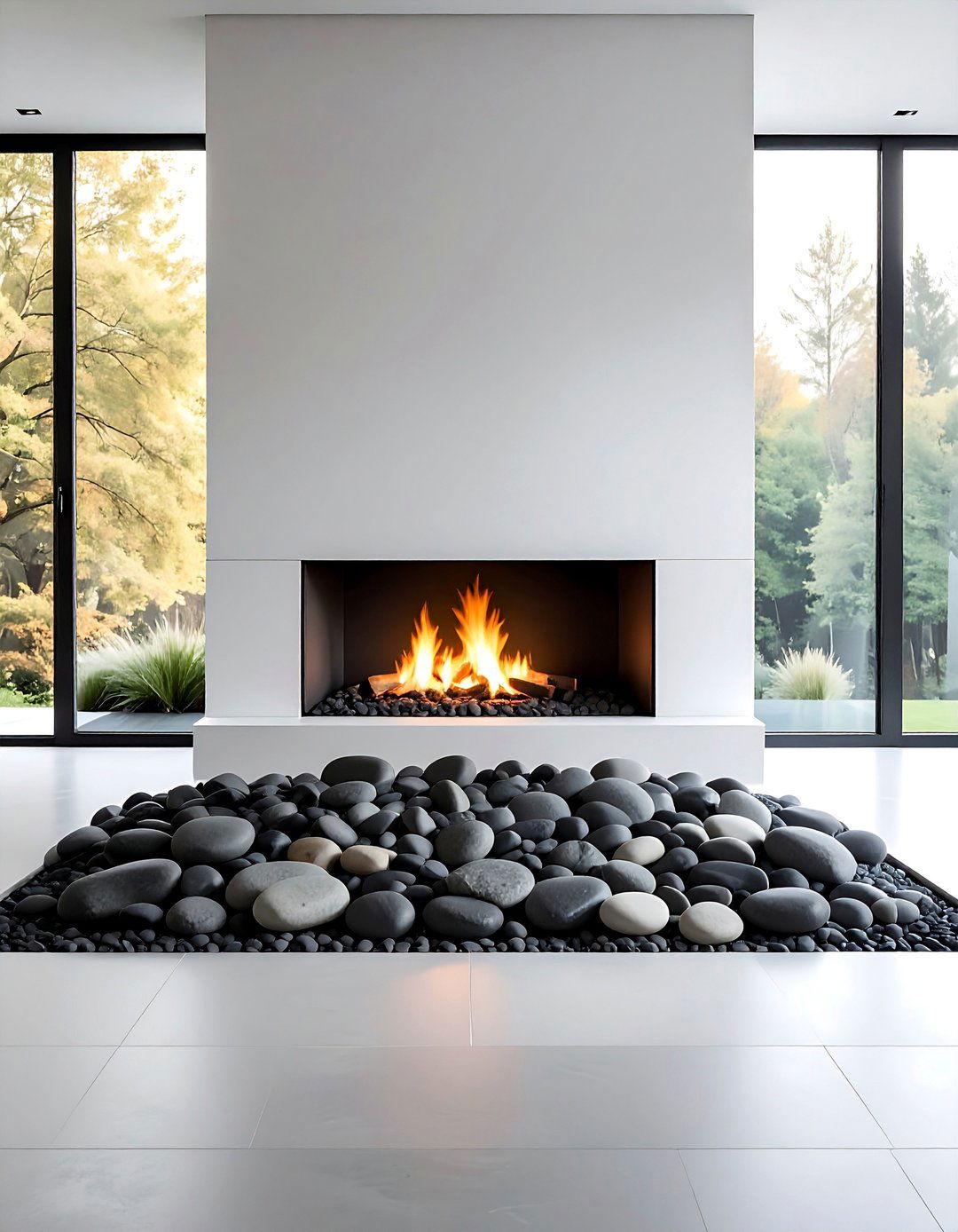 Contemporary Minimalist River Rock Fireplace - 30 Unique River Rock Fireplace Ideas for Cozy Homes