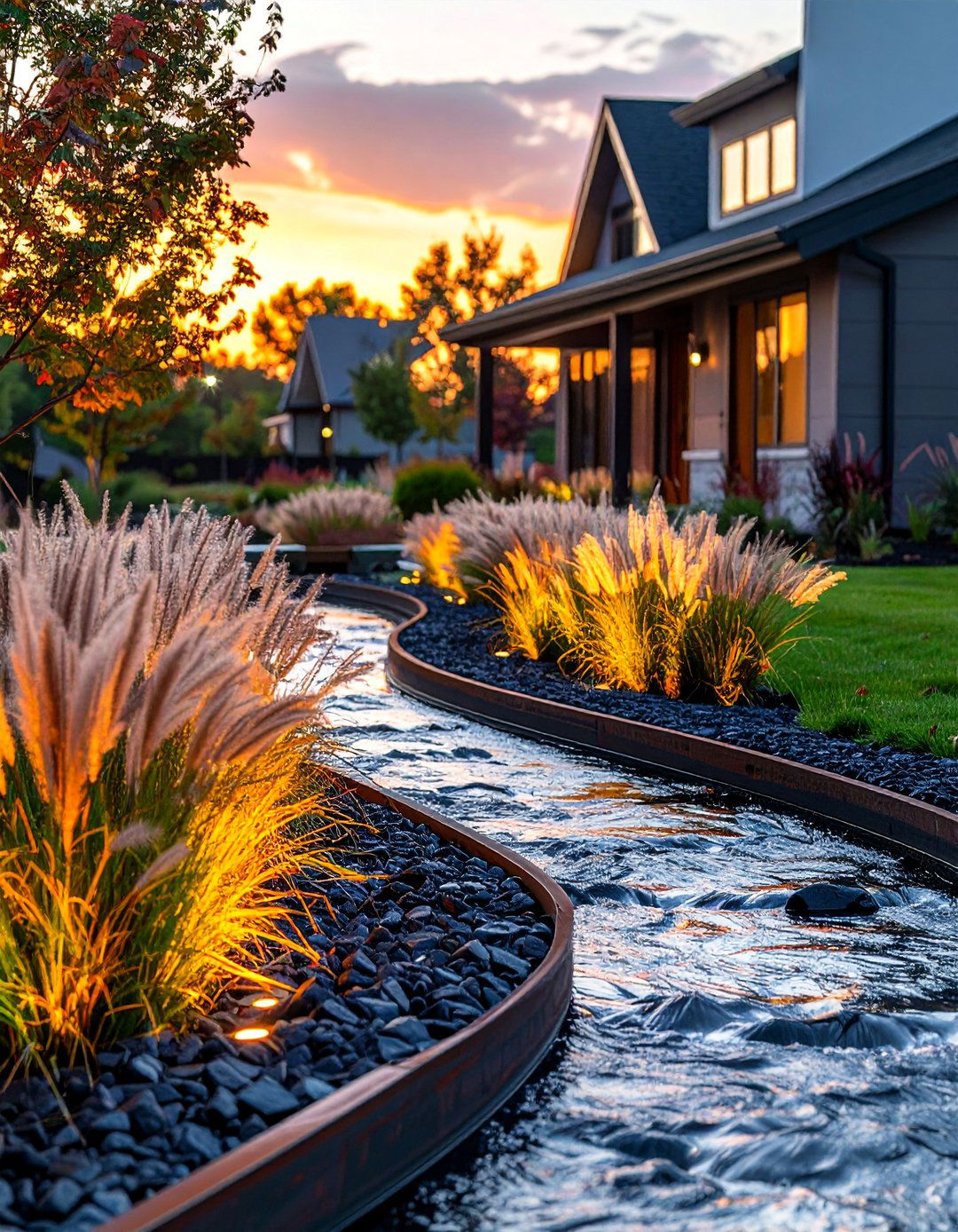 Contemporary Steel Creek Border - 30 Front Yard Dry Creek Bed Landscaping Ideas