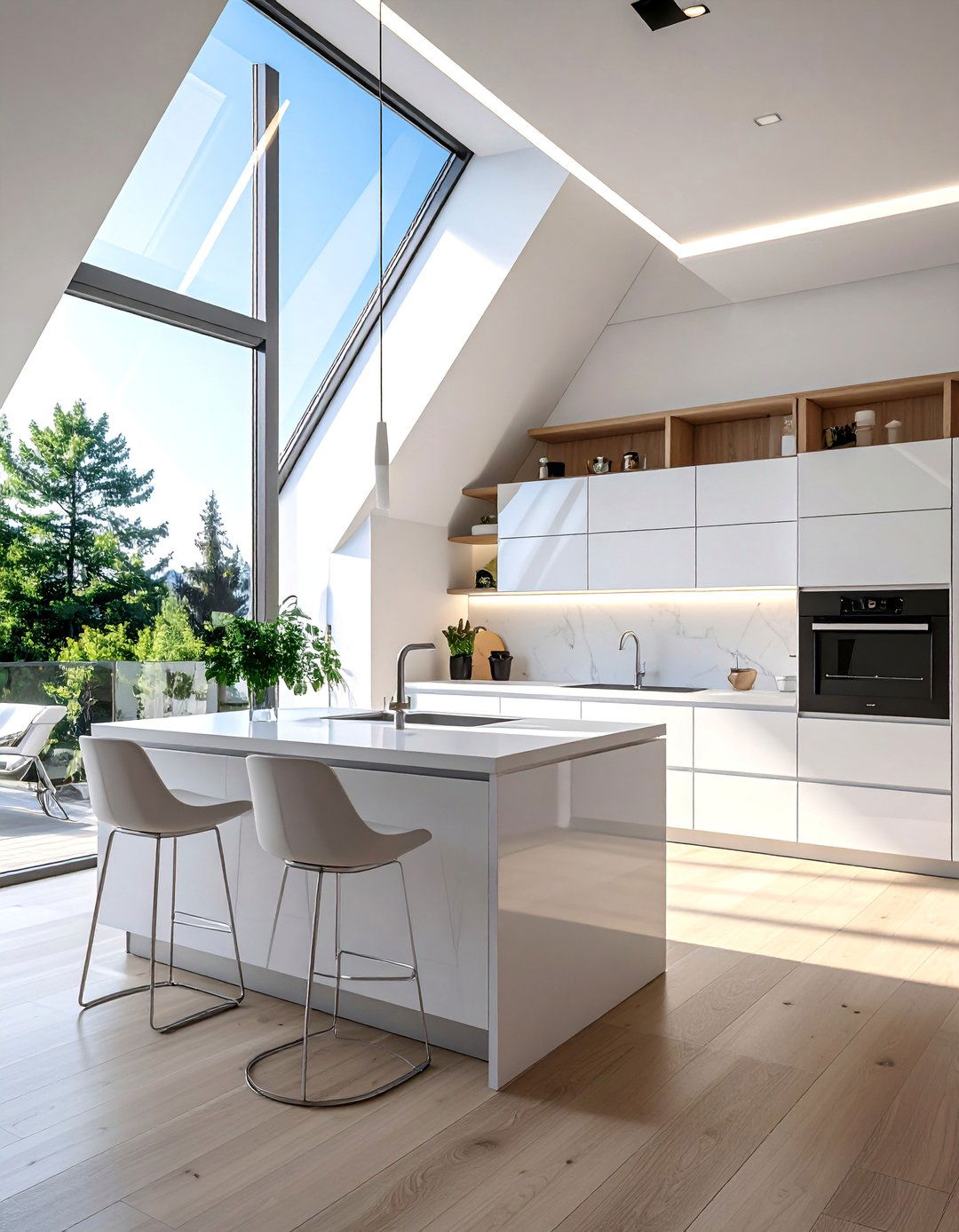 Contemporary White Kitchen - 20 Sloped Ceiling Kitchen Ideas to Maximize Space