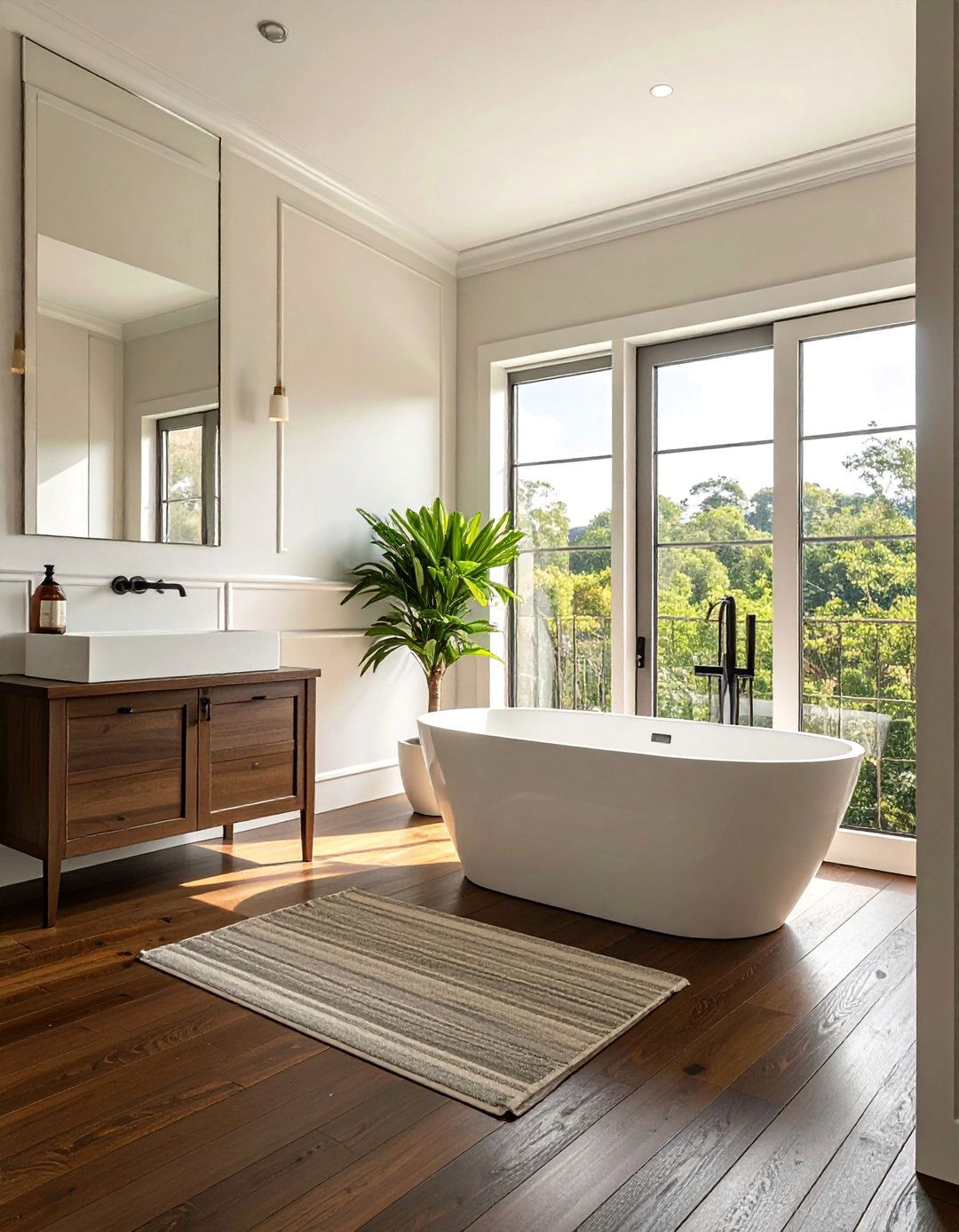 Contrasting Dark Floors and Light Walls - 25 Dark Wood Floor Bathroom Ideas for a Cozy Retreat