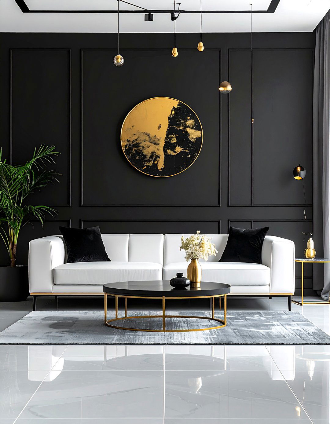 Contrasting Grey Flooring with a Black Accent Wall - 25 Grey Flooring Living Room Ideas for Modern Homes