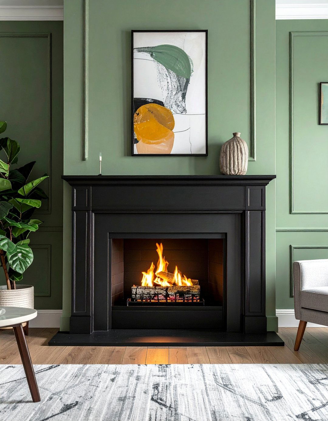 Contrasting Sage Green Fireplace and Dark Mantel - 15 Sage Green Fireplace Ideas to Cozy Up Your Space