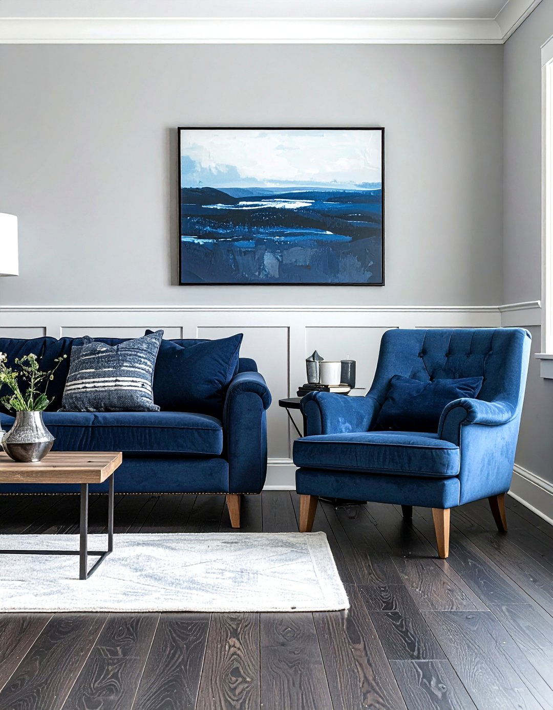 Cool Blue and Grey Color Combination - 20 Grey Living Room With Dark Wood Floors Ideas