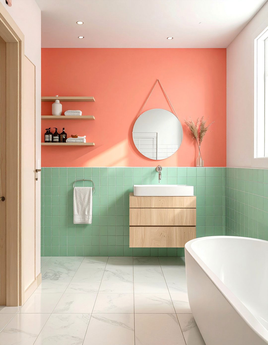 Coral and Mint Green Bathroom Combination - 25 Colorful Bathroom Ideas to Brighten Your Space