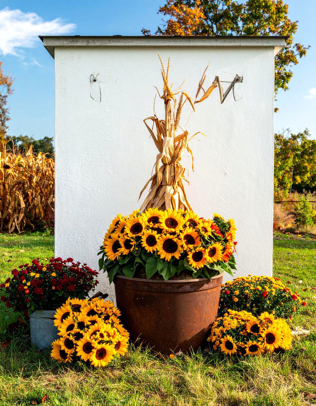 Corn Stalk and Sunflower Fall Planter - 40 Fall Planter Ideas to Add Seasonal Charm