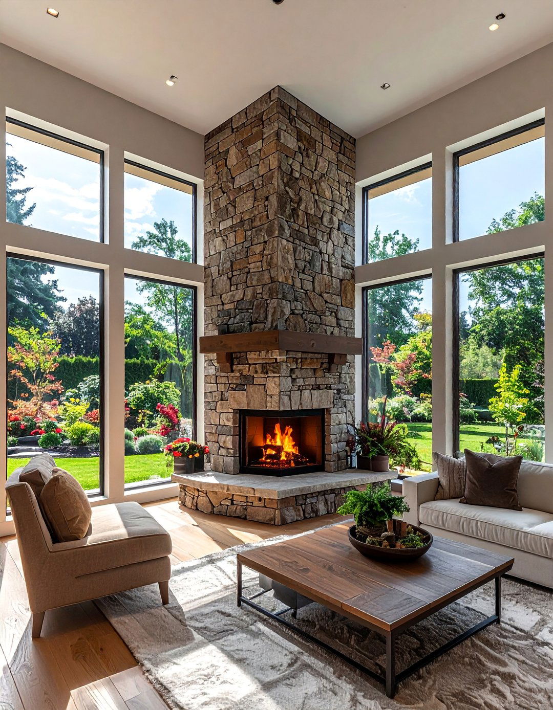 Corner Fireplace Flanked by Windows