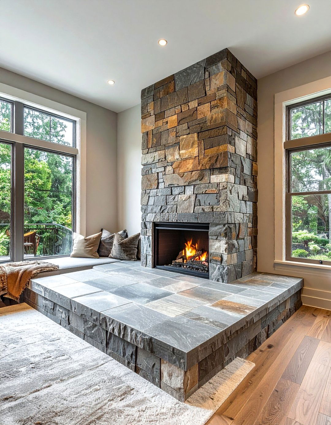 Corner Fireplace with Raised Hearth Seating - 25 Corner Fireplace Ideas to Cozy Up Your Living Space