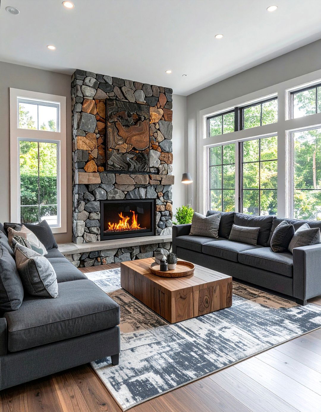 Corner Wrapped River Rock Fireplace - 30 Unique River Rock Fireplace Ideas for Cozy Homes