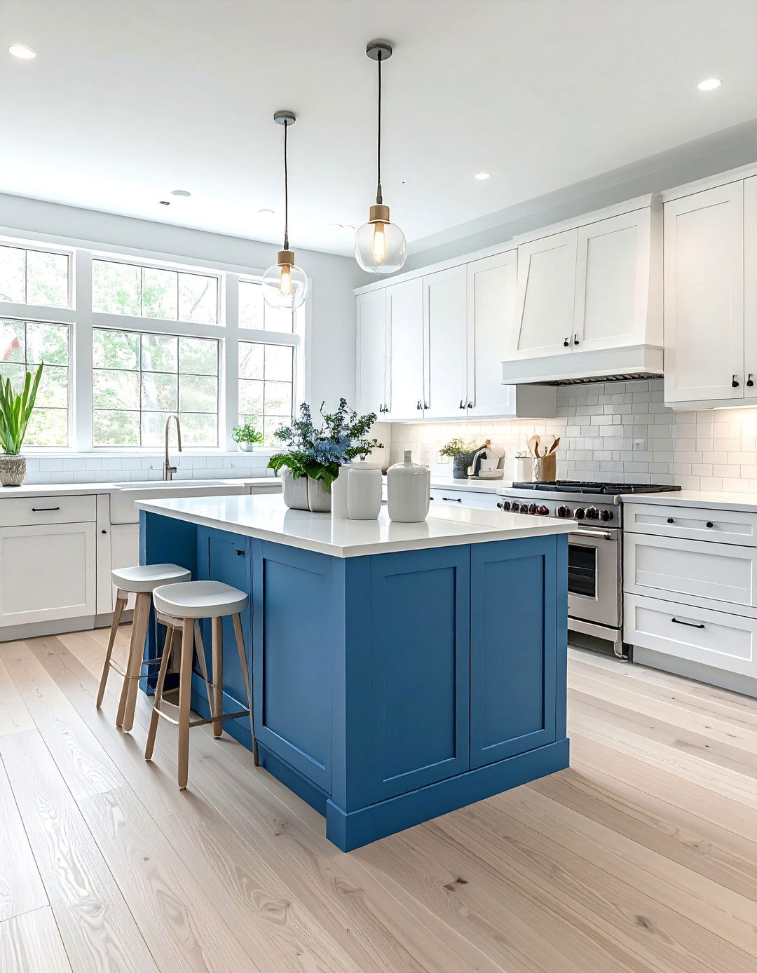 Cornflower Blue Island with White Oak Flooring - 30 White Kitchen Cabinets With Blue Island Design Ideas