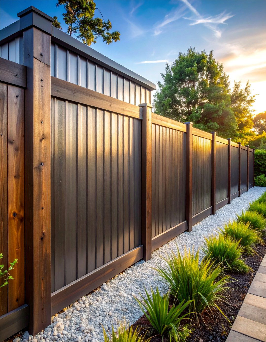 Corrugated Metal Panels with a Wood Frame Fence - 25 Metal and Wood Fence Ideas for Your Outdoor Space