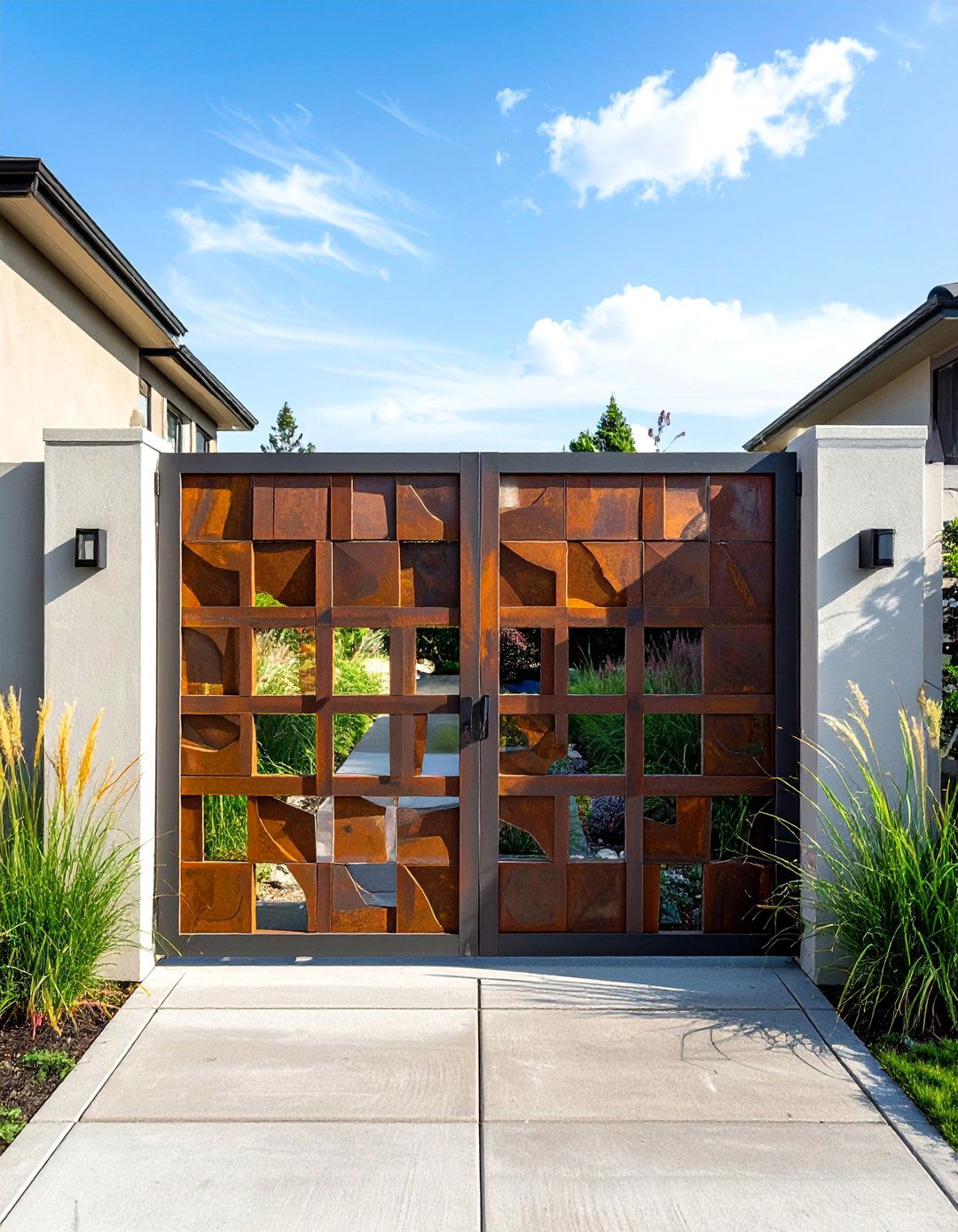 Corten Steel Geometric Metal Garden Gate - 25 Metal Garden Gate Ideas for a Stylish Entrance