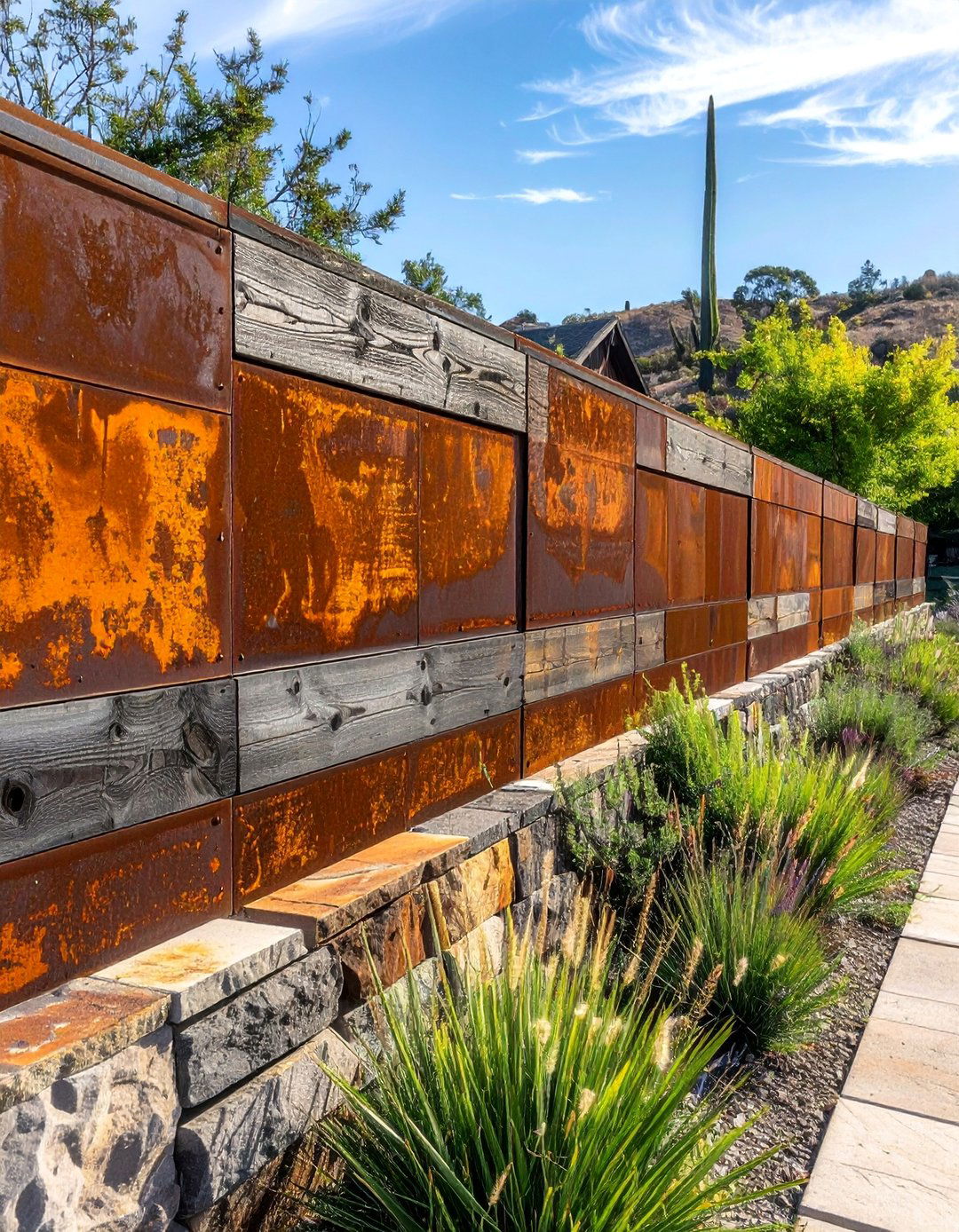 Corten Steel and Reclaimed Wood Fence - 25 Metal and Wood Fence Ideas for Your Outdoor Space