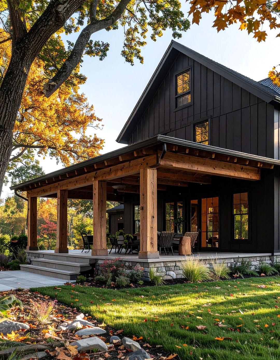 Covered Front Porch with Exposed Beams - 40 Black Modern Farmhouse Exterior Design Ideas for a Sleek Look