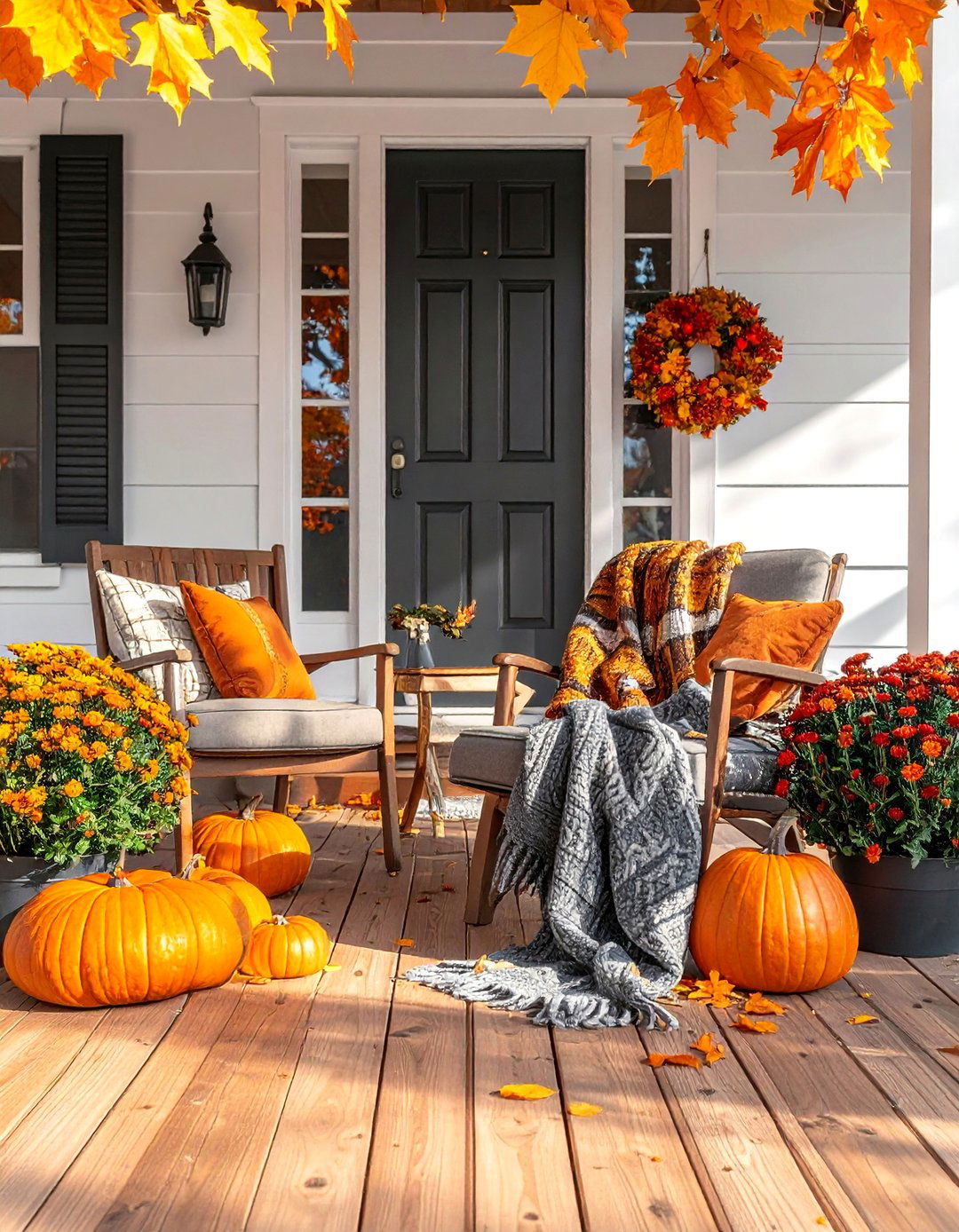 Cozy Blanket and Seating Setup - 30 Front Door Fall Decor Ideas to Welcome the Season