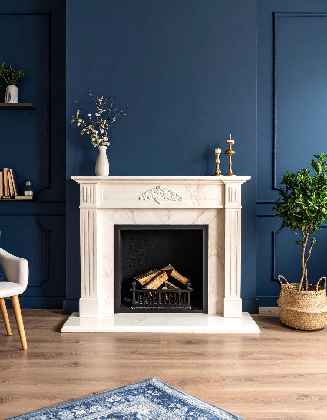 Cream Fireplace Surrounded by Navy Walls - 25 Navy and Cream Living Room Ideas for Timeless Elegance