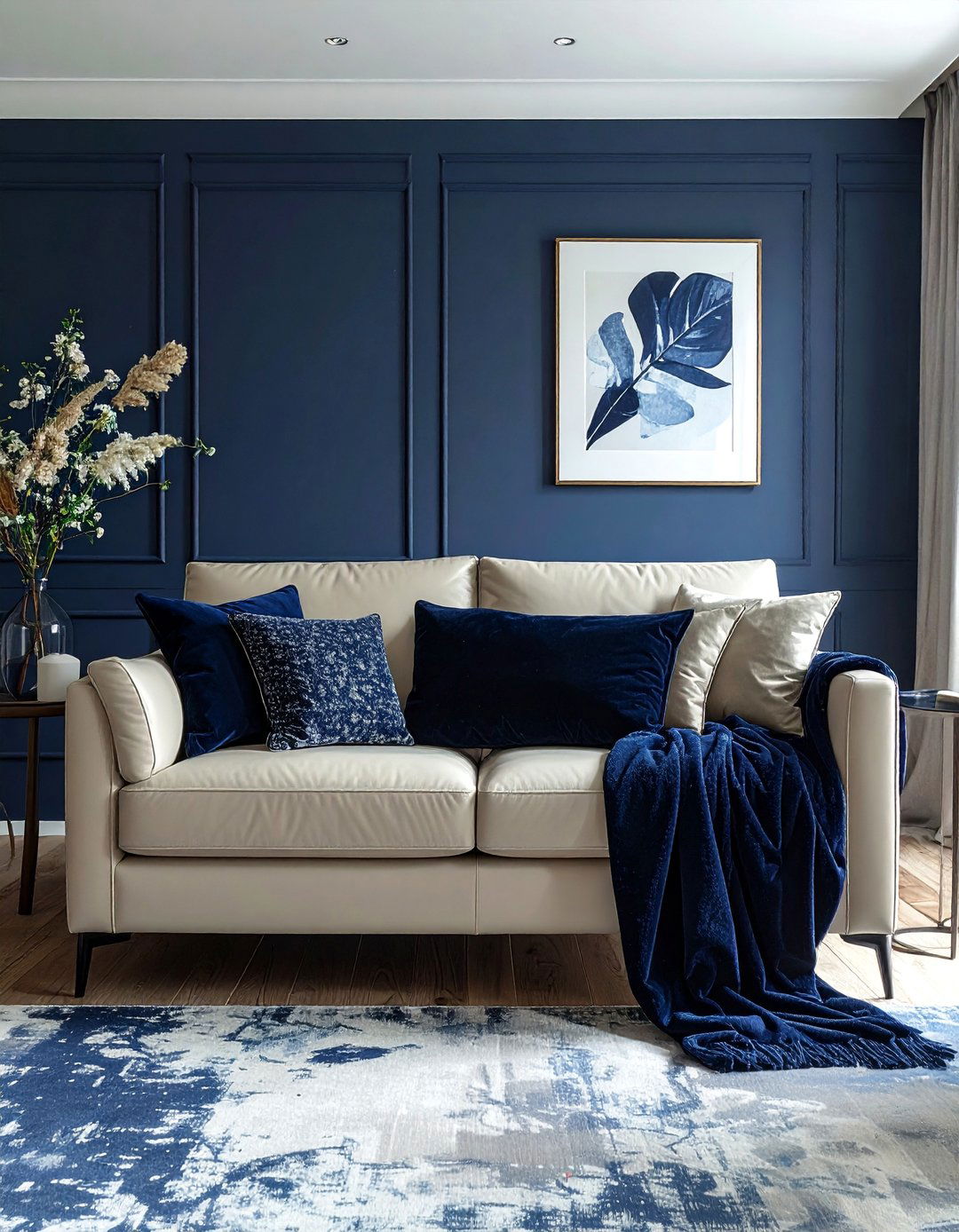 Cream Leather Furniture with Navy Textiles - 25 Navy and Cream Living Room Ideas for Timeless Elegance