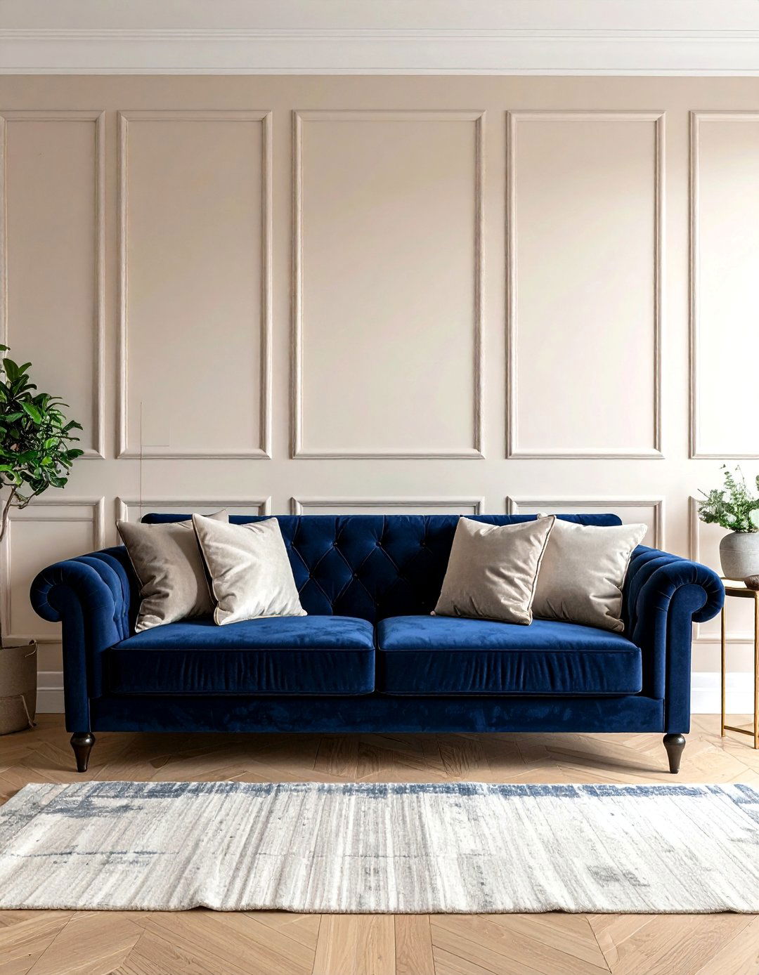 Cream Walls with a Statement Navy Sofa - 25 Navy and Cream Living Room Ideas for Timeless Elegance