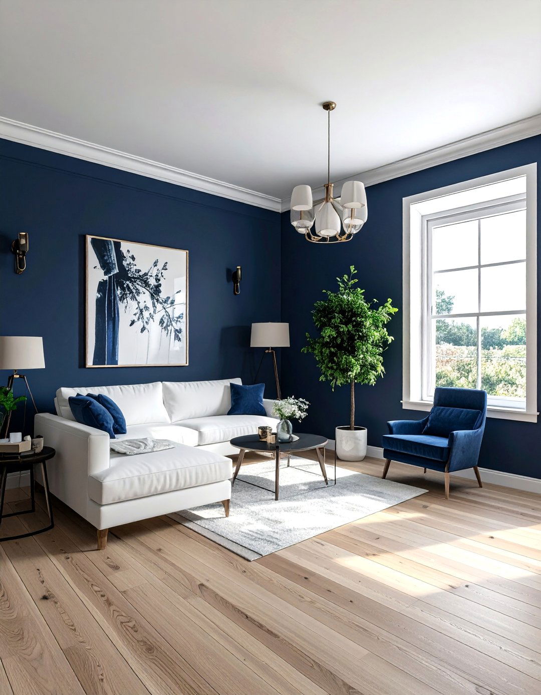 Creating Contrast with Light Colored Flooring - 25 Navy Blue Living Room Ideas for a Stylish Space