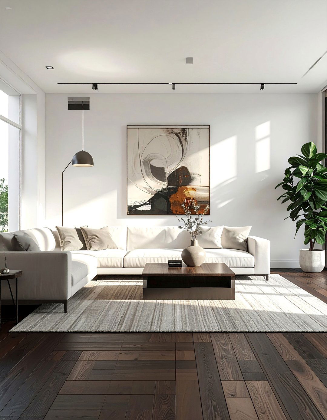 Crisp White Walls for High Contrast with Dark Brown Floors - 30 Dark Brown Floor Living Room Ideas for a Warm Ambiance