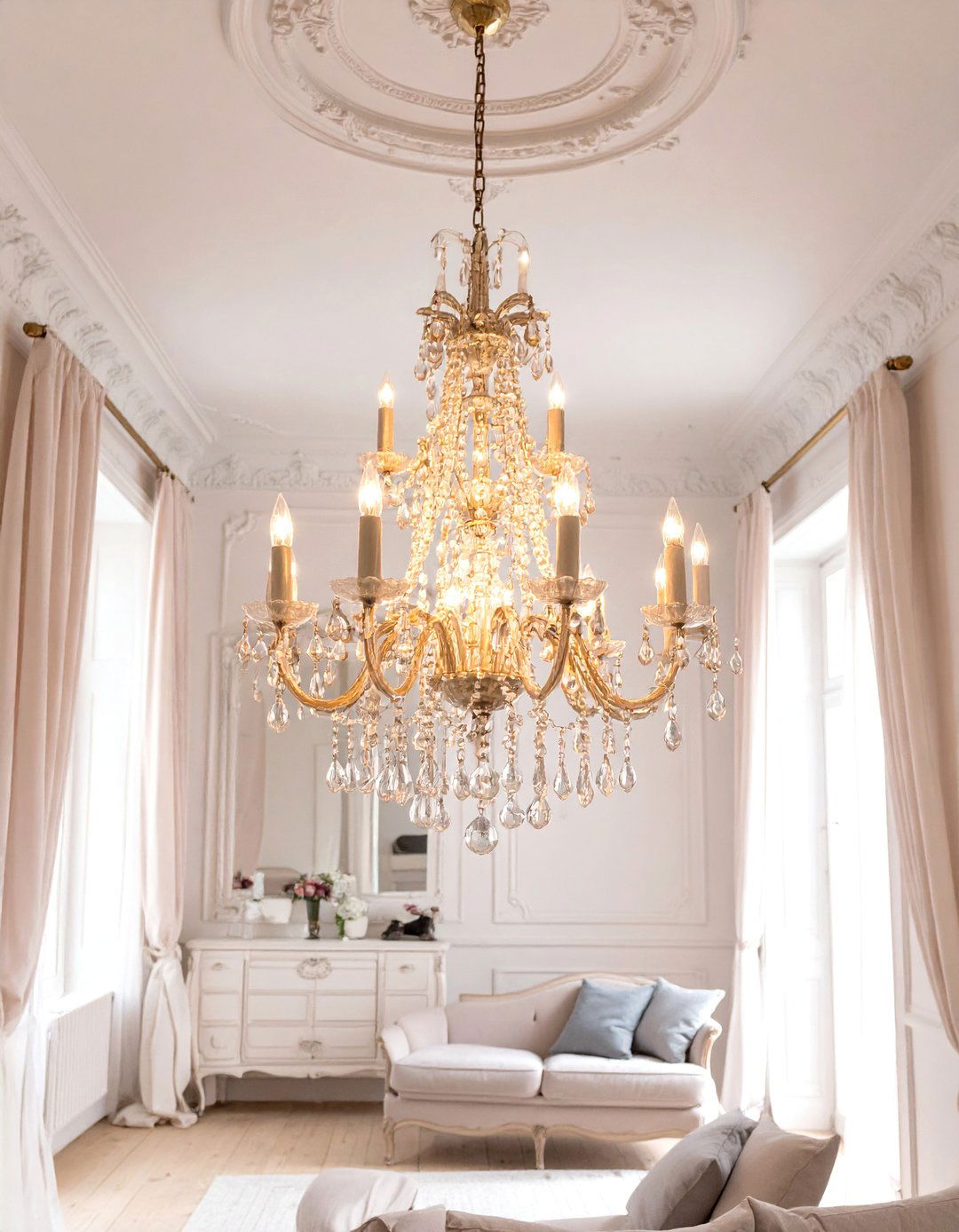 Crystal Chandelier for Vintage Glamour - 25 Shabby-chic Style Living Room Ideas for Charm