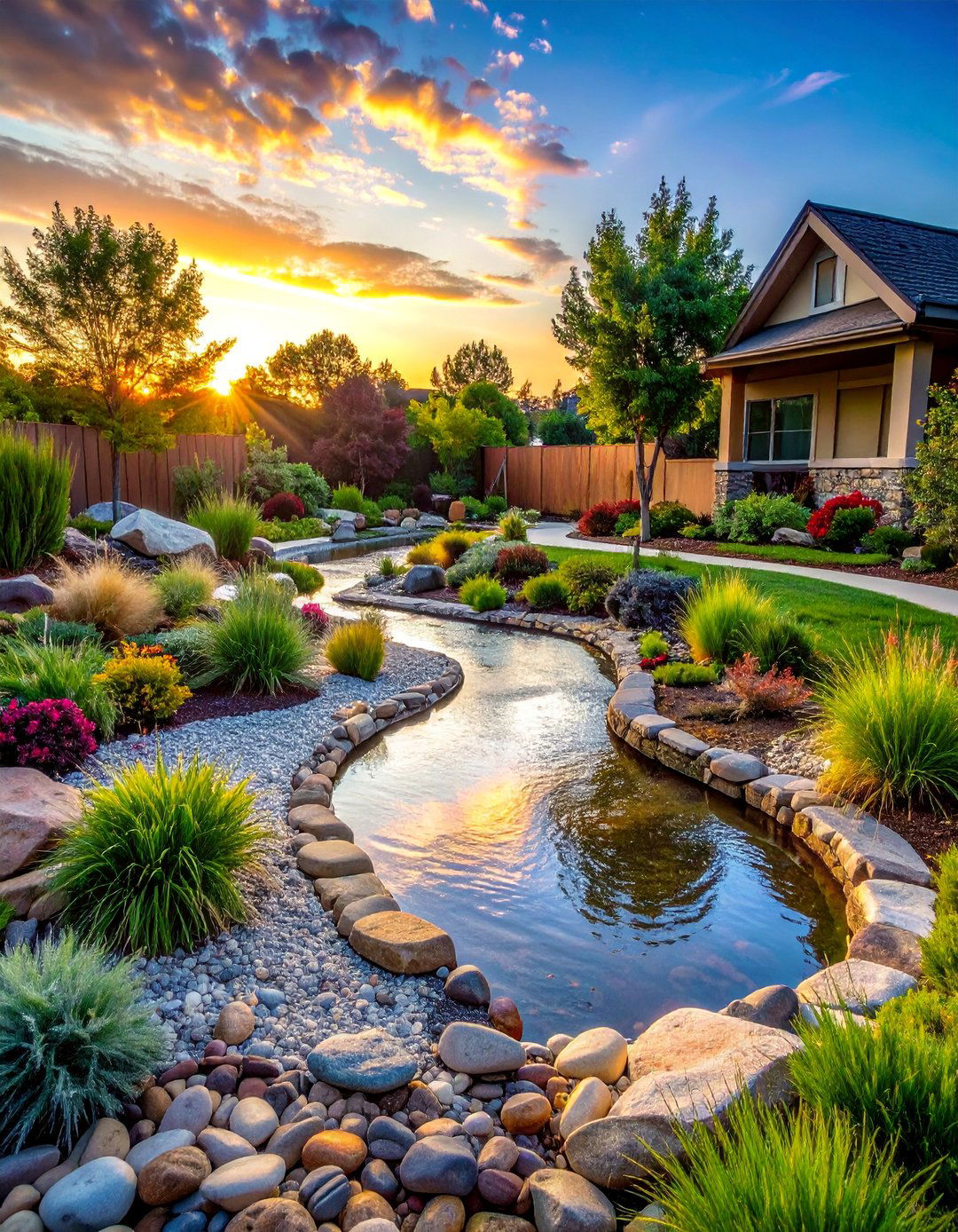 Curved Serpentine Creek Flow - 30 Front Yard Dry Creek Bed Landscaping Ideas