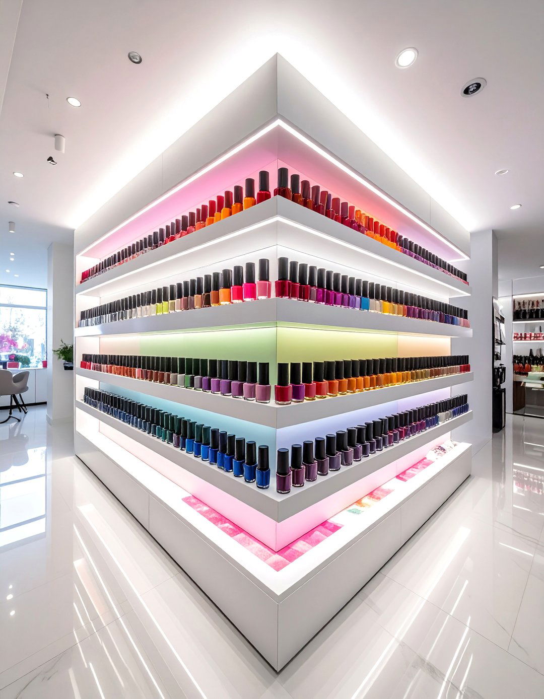 Custom Millwork for Polish Display Nail Salon Design - 30 Nail Salon Interior Design Ideas for a Chic Look