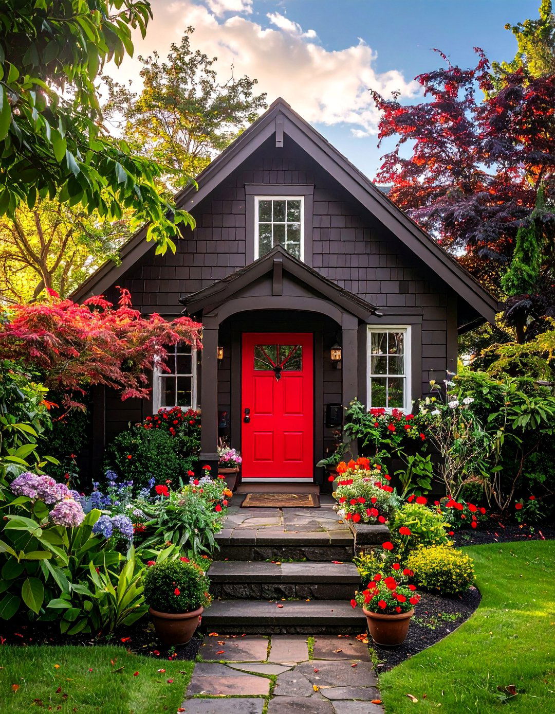 Dark Brown House Exterior featuring a Red Front Door - 25 Dark Brown House Exterior Ideas for Timeless Appeal