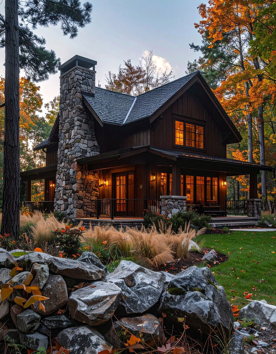 Dark Brown House Exterior with Natural Stone Accents - 25 Dark Brown House Exterior Ideas for Timeless Appeal