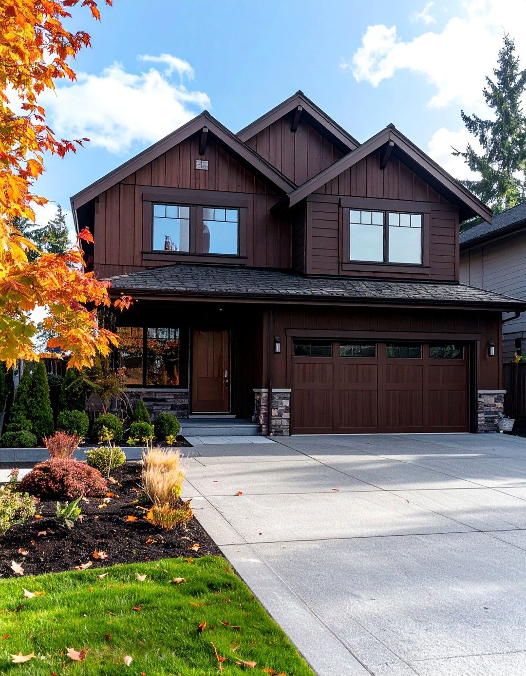 Dark Brown House Exterior with a Two Car Garage - 25 Dark Brown House Exterior Ideas for Timeless Appeal