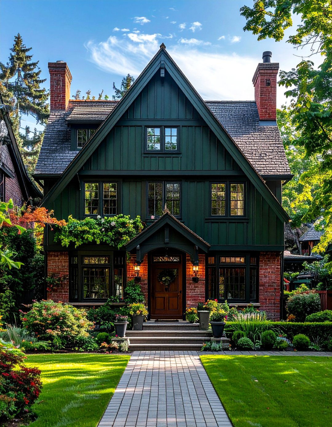 Dark Cypress Green with Red Brick - 40 Dark Green Exterior Paint Color Schemes for Bold Homes