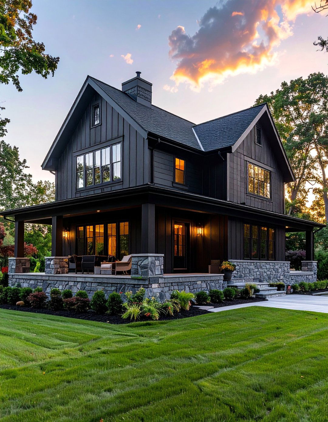 Dark Exterior with Stone Skirting - 40 Black Modern Farmhouse Exterior Design Ideas for a Sleek Look