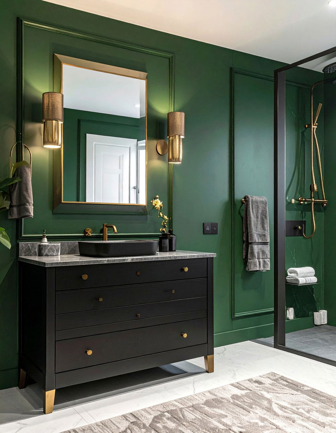 Dark Forest Green Walls with a Black Vanity - 15 Stunning Black and Green Bathroom Design Ideas